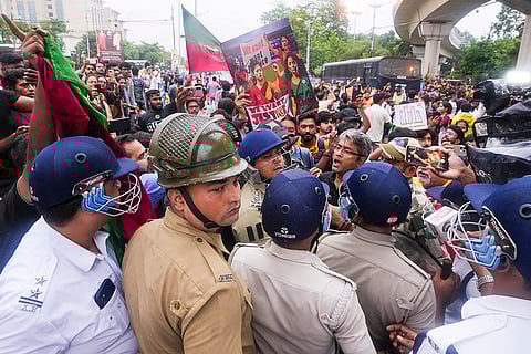 Kolkata Doctor Rape-Murder: Kalyan Chaubey speaks with police personnel during a protest march